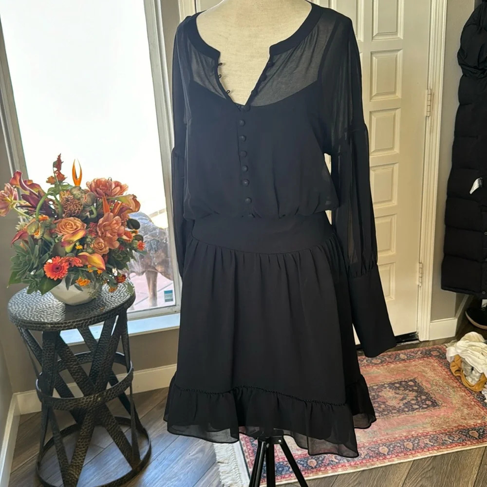 Bebe black long sleeve Smocked Blouson Dress size 8 nwot attached slip sheer